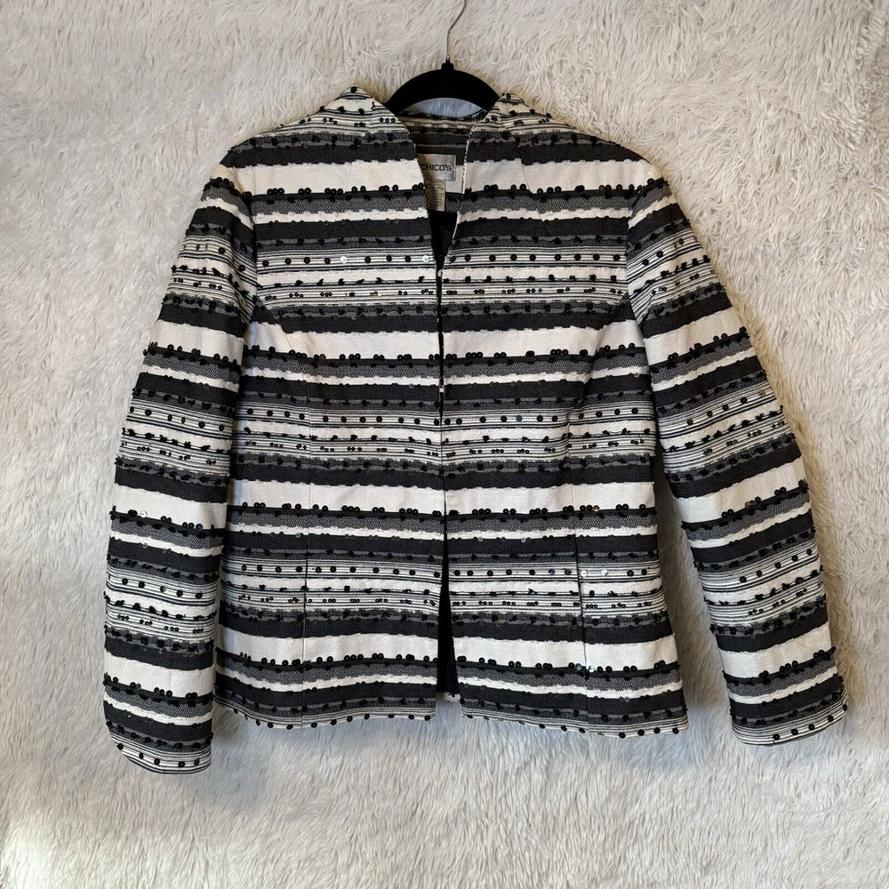 CHICOS Blazer Womens Size 1 Sequin Stripes Black White Shirt Jacket